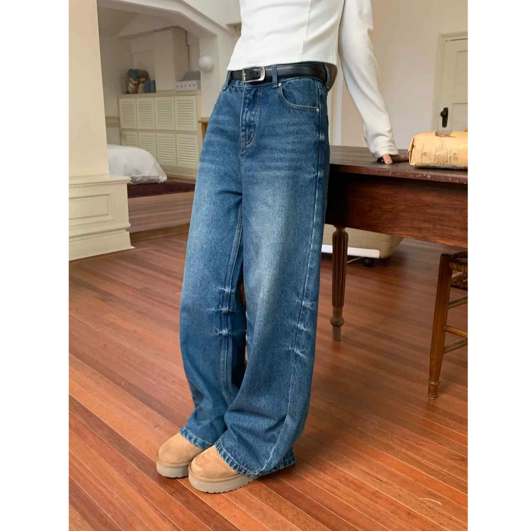 RAINY 松弛宽松洗水做旧抓绒牛仔裤秋冬女百搭复古阔腿直筒裤子