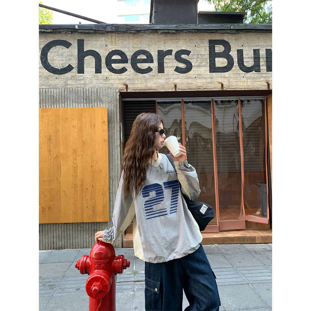 【Rainy Design】 街头运动撞色长袖卫衣灰色拼接字母印花圆领上衣