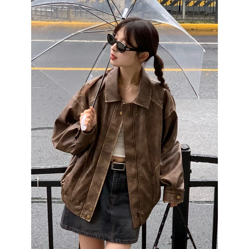 柴【Rainy Design】复古擦色做旧棕色皮衣宽松甜酷机车美式夹克外套