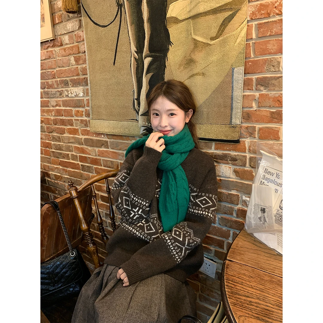 RAINY圣马丁小镇*北欧风复古百搭宽松加厚保暖针织几何提花毛衣女