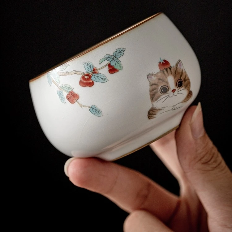 萌猫汝窑茶盏主人杯 柿柿如意小猫陶瓷复古创意手绘家用茶杯手工