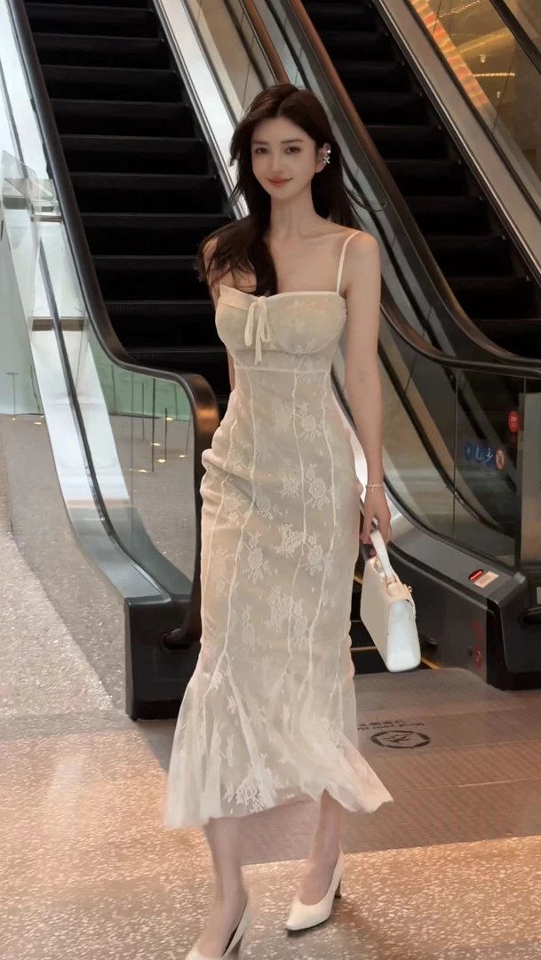 性感名媛纯欲风辣妹白色蕾丝吊带长裙绑带收腰修身鱼尾连衣裙女