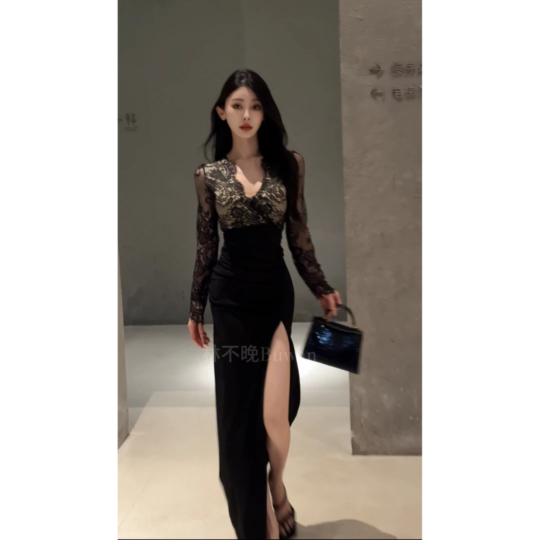 蕾丝连衣裙打底包臀裙女2025年秋季性感气质V领收腰开叉黑色长裙