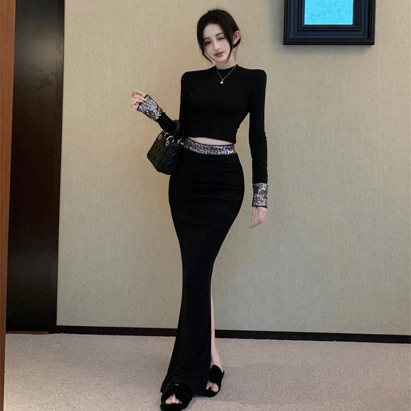 美式复古时尚套装亮片镶边修身上衣+高腰褶皱开叉长裙