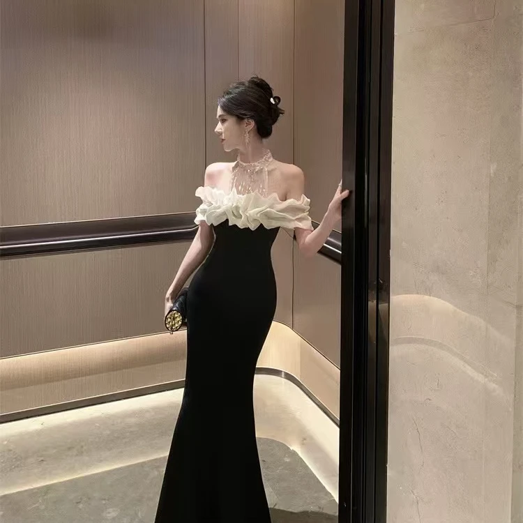 挂脖一字肩亮片网纱拼接丝绒连衣裙长款宴会裙