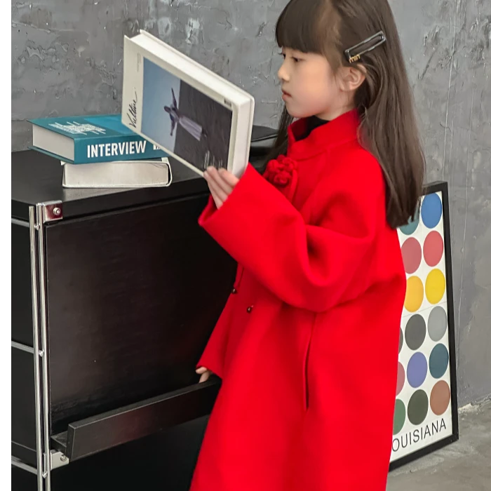 FASHIOMIE/范小咩羊毛呢童装大衣国风中式红色拜年宽松外套100毛