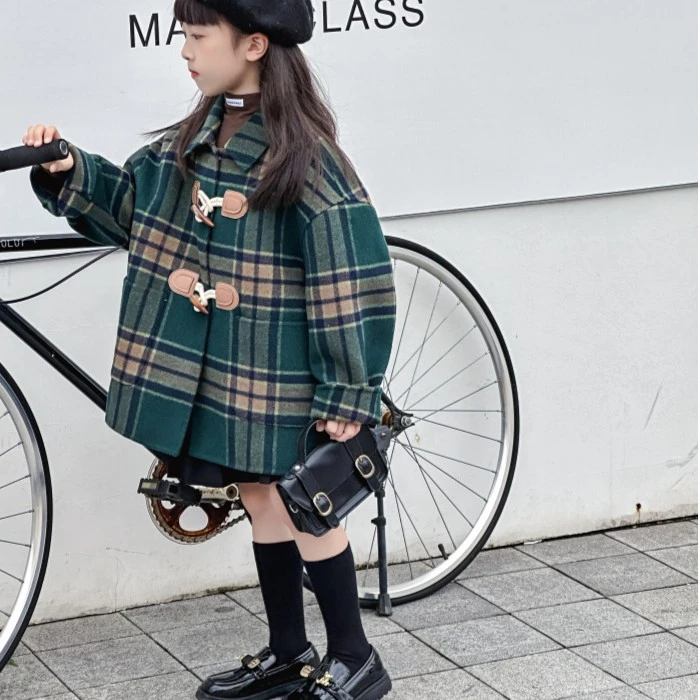 FASHIOMIE/范小咩福利清仓绿格高定双面羊毛大衣童装外套短款牛角
