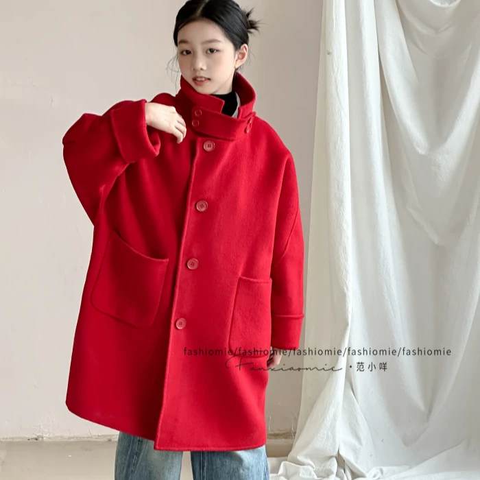 FASHIOMIE/范小咩青少年羊毛呢童装外套大衣无帽蝙蝠袖红色可立领