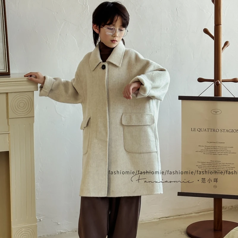 FASHIOMIE/范小咩中大童加长双面羊毛大衣韩版外套气场毛呢中长款