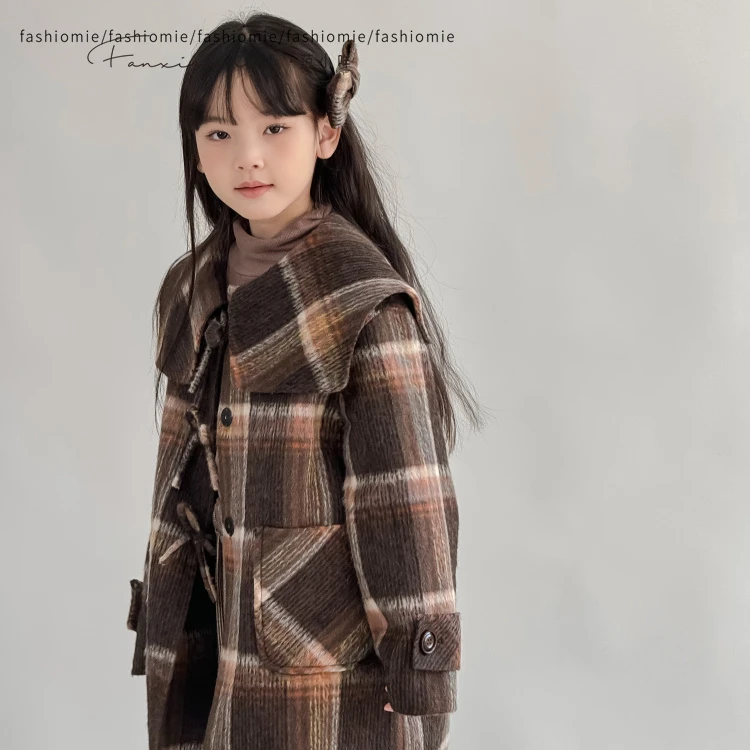范小咩羊毛呢子中大儿童装长款咖格子外套海军领甜美复古百搭显白