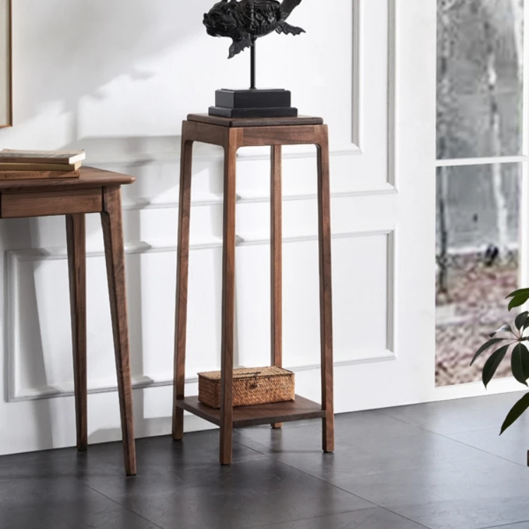 北美黑胡桃木置物架落地家用客厅边几简约花几北欧方形双层花架