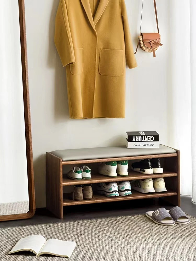 北美黑胡桃木门口穿鞋凳实木换鞋凳家用可坐鞋柜带垫凳进门双层凳