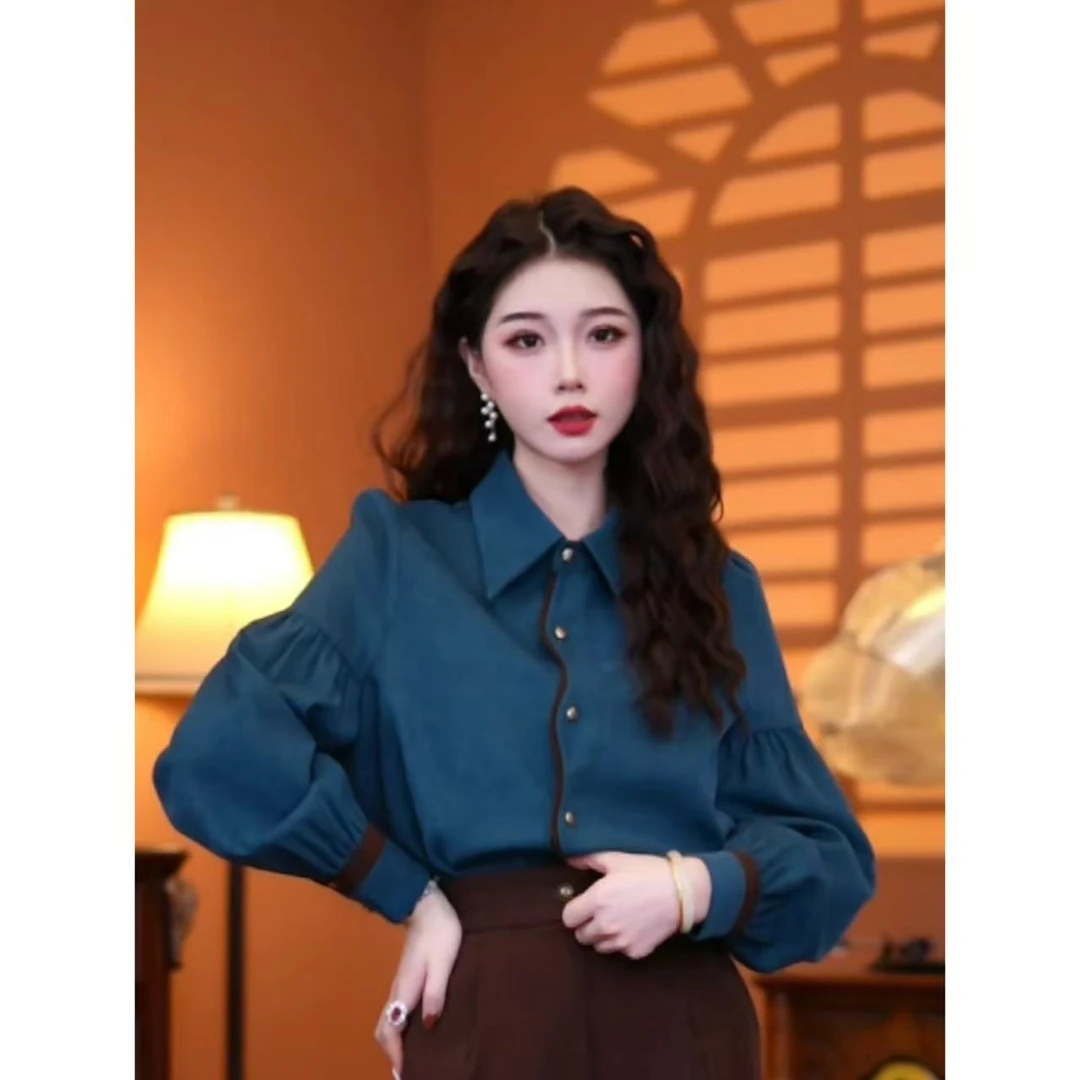 蒋肉肉【晚香玉】2024秋款简约复古设计感加厚衬衫上衣01109