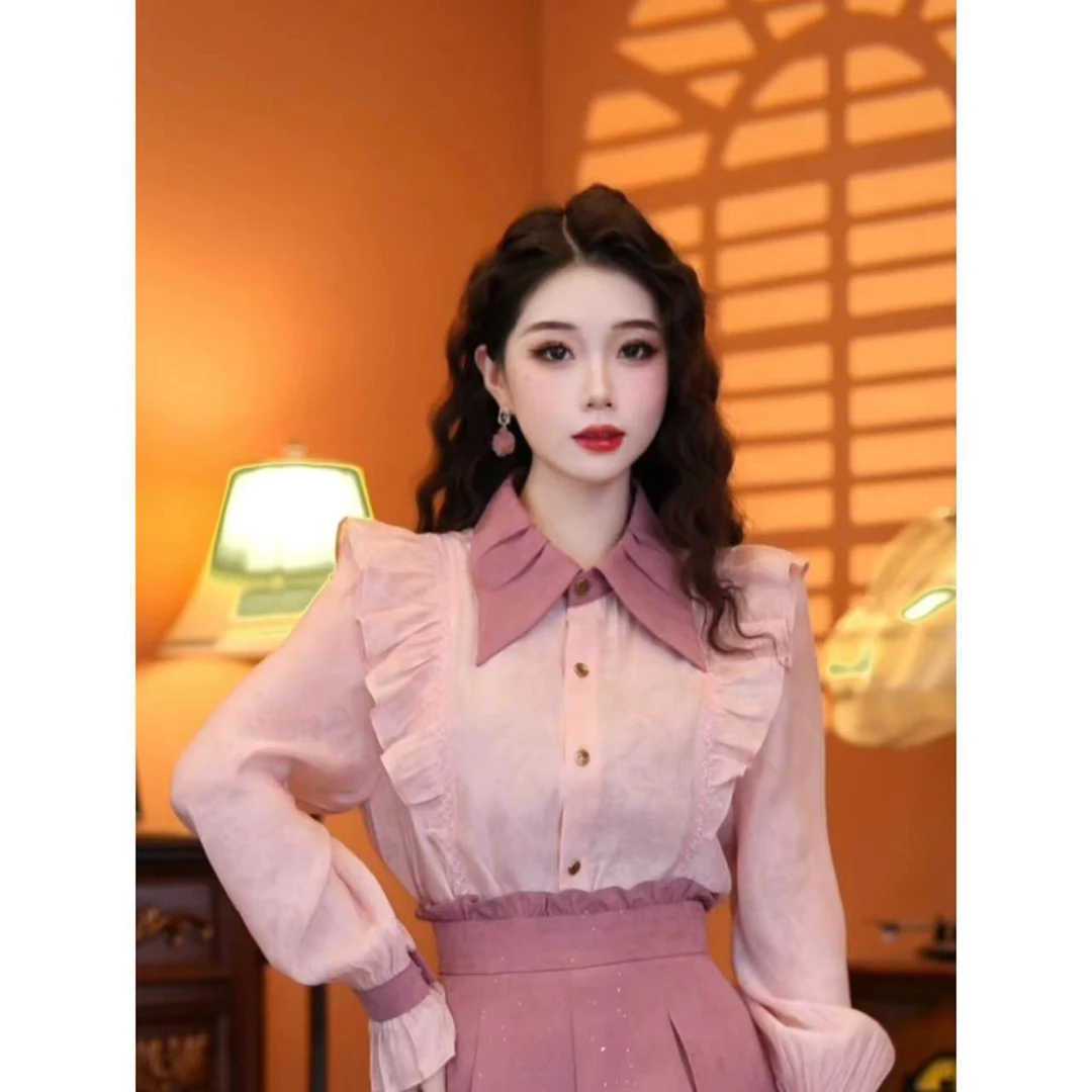 蒋肉肉【浪漫旧梦】秋款温柔气质显瘦设计粉色撞色新款衬衫00844