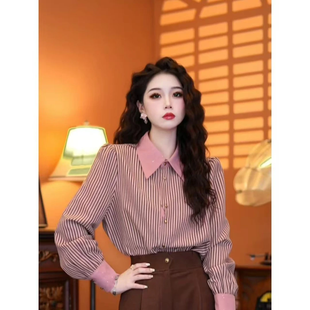 蒋肉肉【不眠长野】2024秋款简约条纹优雅长袖设计感衬衫上衣01032