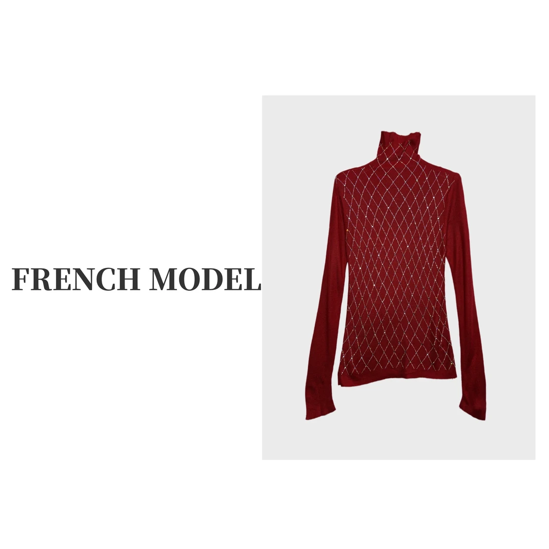 法模FRENCH MODEL.2024秋冬高领菱形钻针织打底毛衣 41060463