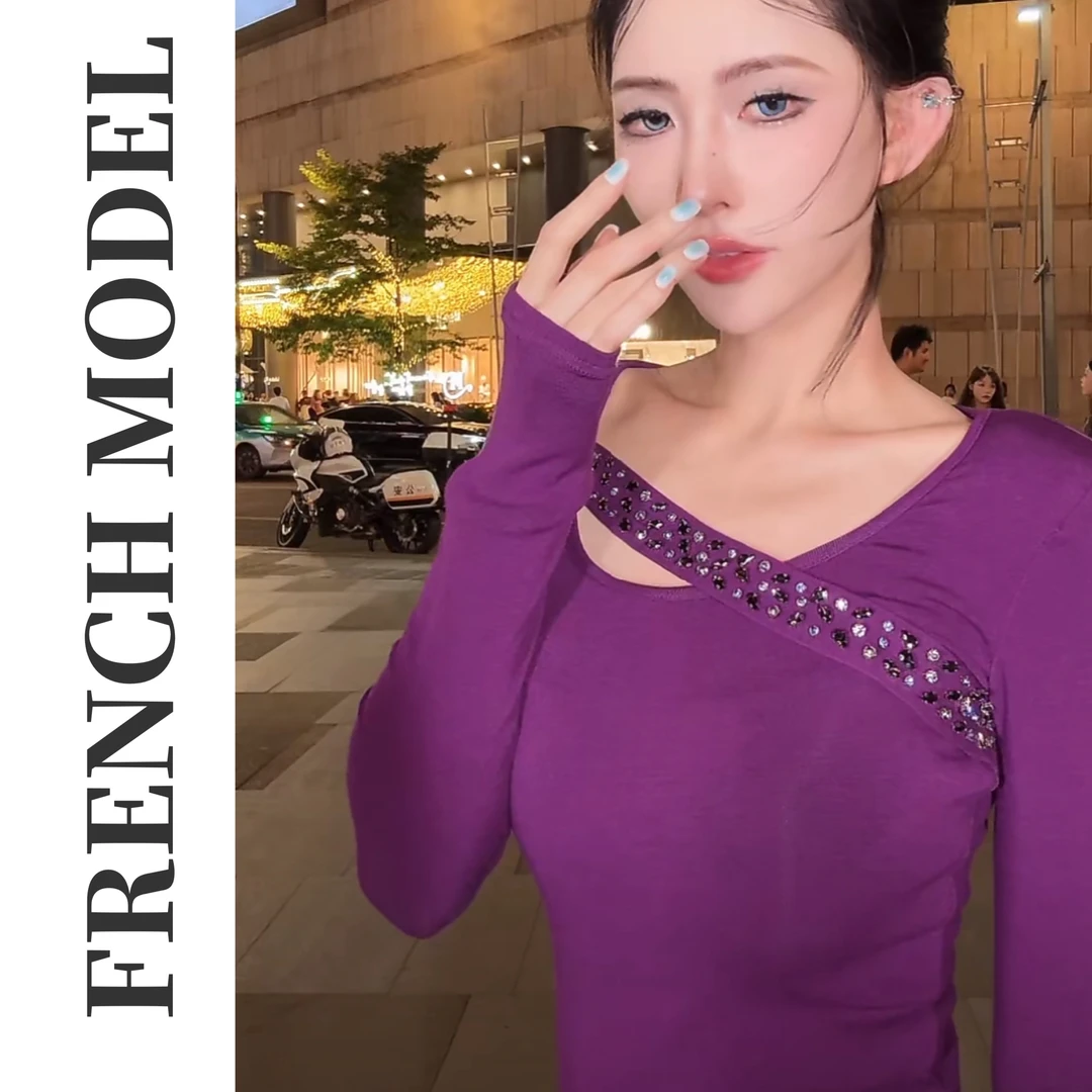 法模FRENCH MODEL.2024秋冬季斜钻V领长袖T恤打底衫 40960351