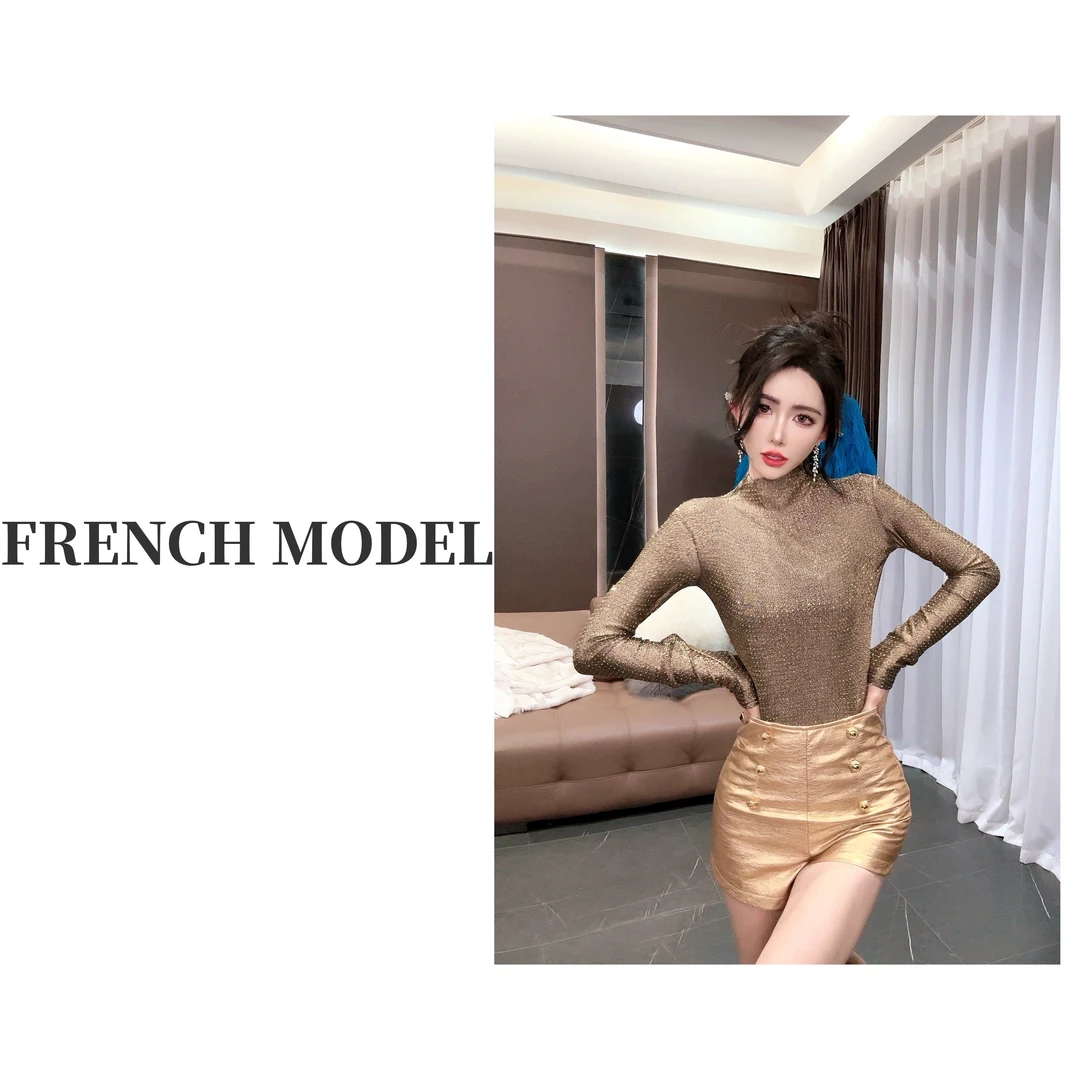 法模FRENCH MODEL  .2024秋冬立领满亮钻打底上衣女 41060497