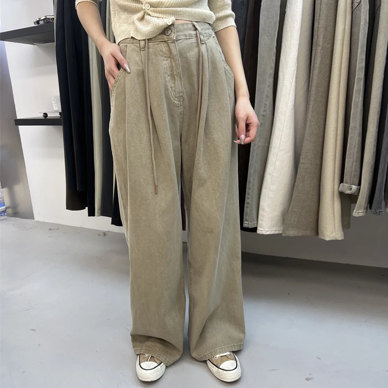 欧货抽绳直筒牛仔阔腿裤女2023秋装新款高腰显瘦百搭休闲拖地长裤