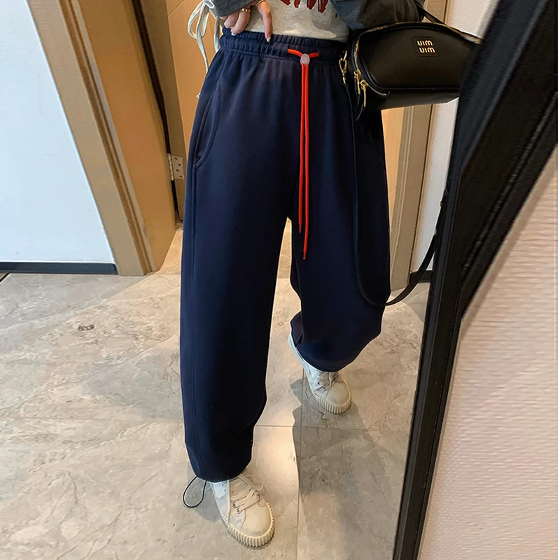 藏蓝色松紧腰抽绳束脚裤女2025春季新款运动休闲长裤高腰阔腿裤