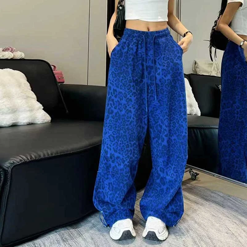 时尚豹纹图案新款休闲直筒拖地裤女韩系秋款抽绳松紧高腰阔腿裤子