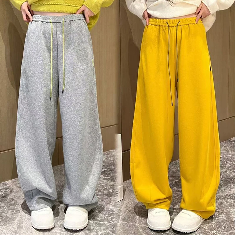 韩版秋冬新款显瘦弯刀裤女加绒加厚宽松直筒卫裤抽绳高腰休闲裤