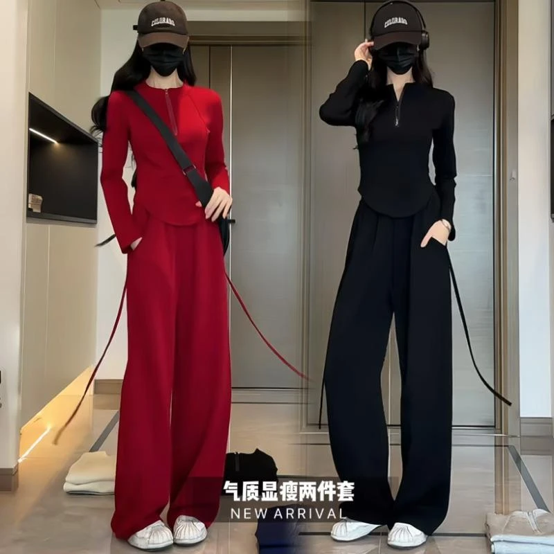 设计感休闲运动套装女士春秋新款修身显瘦卫衣搭时尚阔腿裤两件套