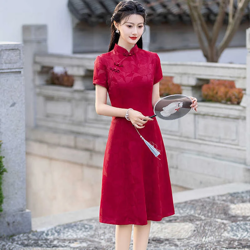 复古旗袍改良连衣裙夏季新款短袖妈妈装婚宴礼服演出服显瘦送高考