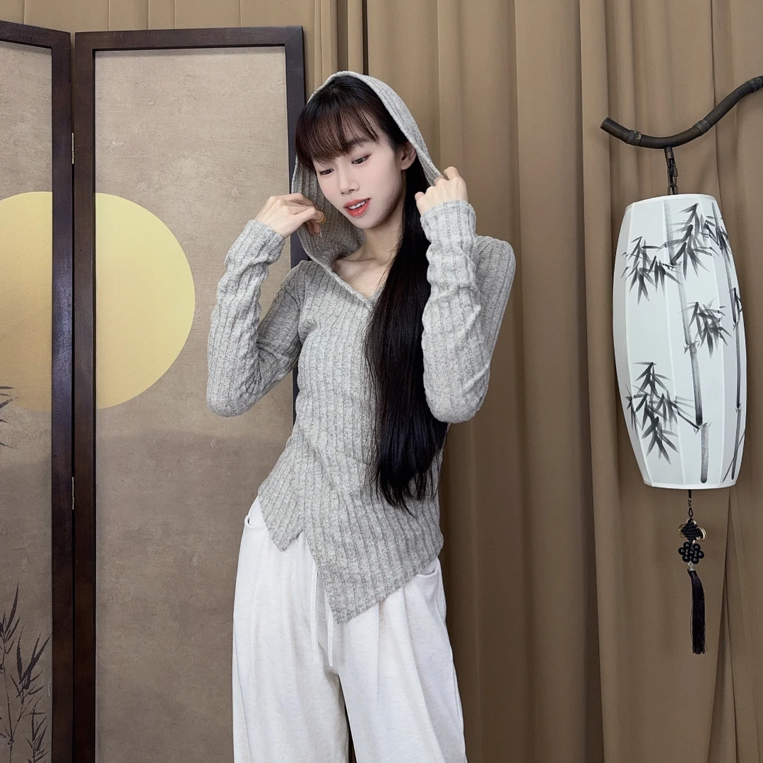 MuMu现代舞蹈服长袖针织连帽上衣中国古典舞日常可穿练功服