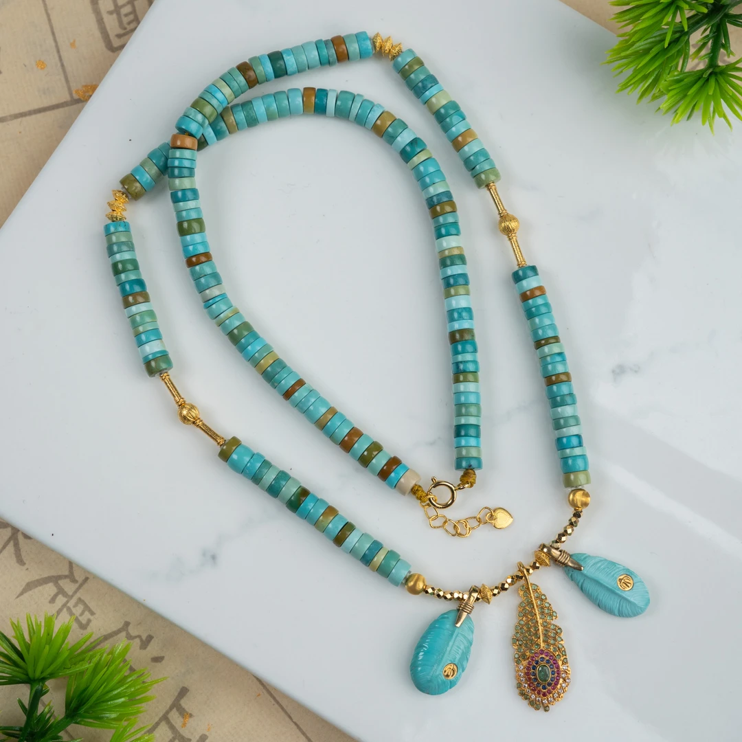 【东方灵玉】原矿高瓷玉化绿松石大肠羽毛项链气质款高级感手工