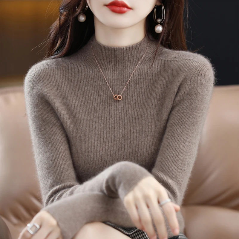 秋冬新款羊毛衫女半高领抽条修身显瘦套头毛衣纯色打底针织衫