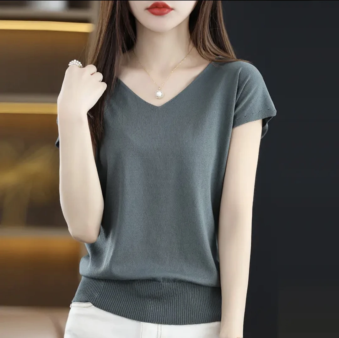 夏季精纺短袖V领包肩袖打底纯色宽松显瘦无袖百搭针织上衣超薄款