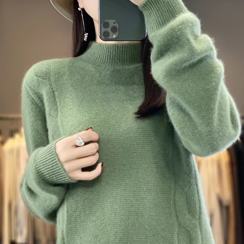 秋冬新款扭花加厚半高领羊毛衫女宽松套头洋气毛衣显瘦针织打底衫