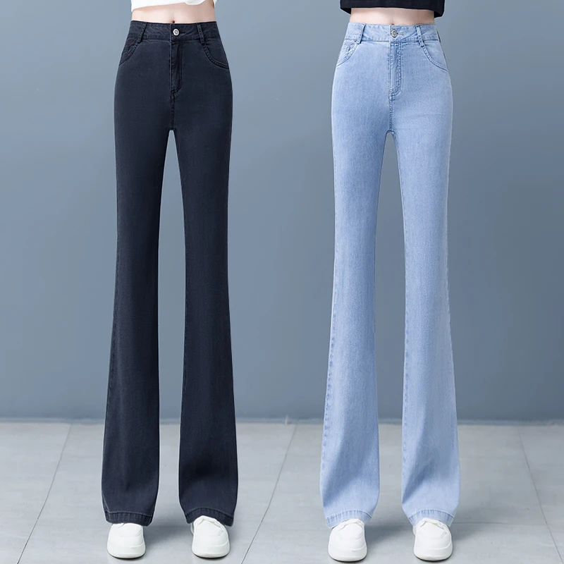 2024夏季新款薄款女冰丝微喇牛仔裤高腰弹力显瘦天丝垂感喇叭女裤