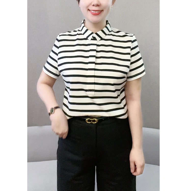 夏季新款显瘦时尚翻领短袖T恤休闲百搭洋气条纹polo衫8561女装