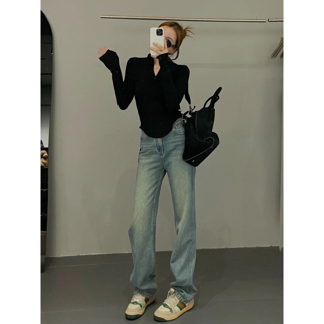 夏菱高级感复古蓝直筒潮牌牛仔裤女秋冬薄款2025年新款裤子春女士