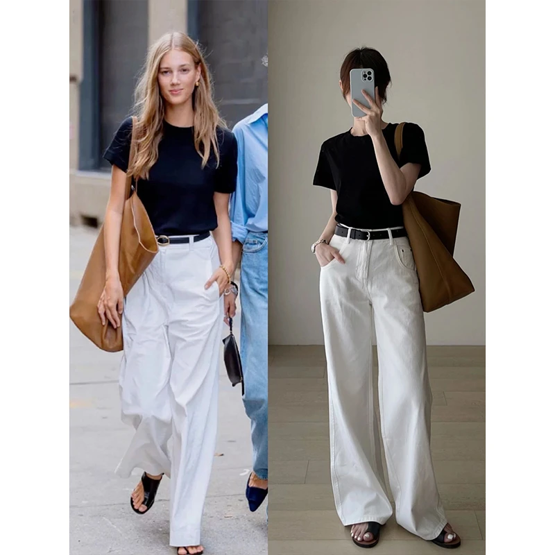夏菱白色牛仔裤女2025新款春季直筒裤阔腿高腰显瘦牛仔裤子