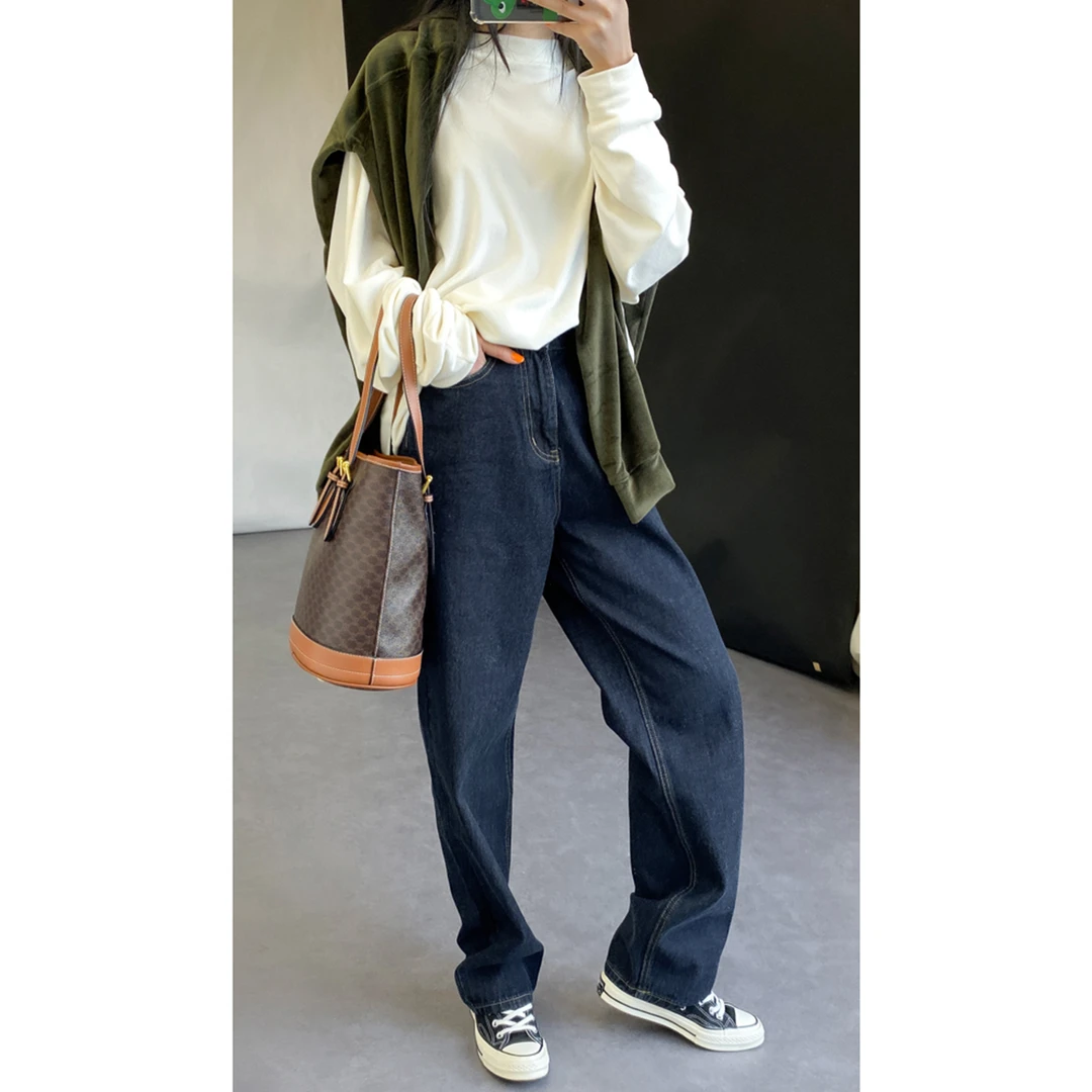 复古新款vintage风显腿长宽松直筒长裤原布高腰显瘦牛仔裤秋冬款