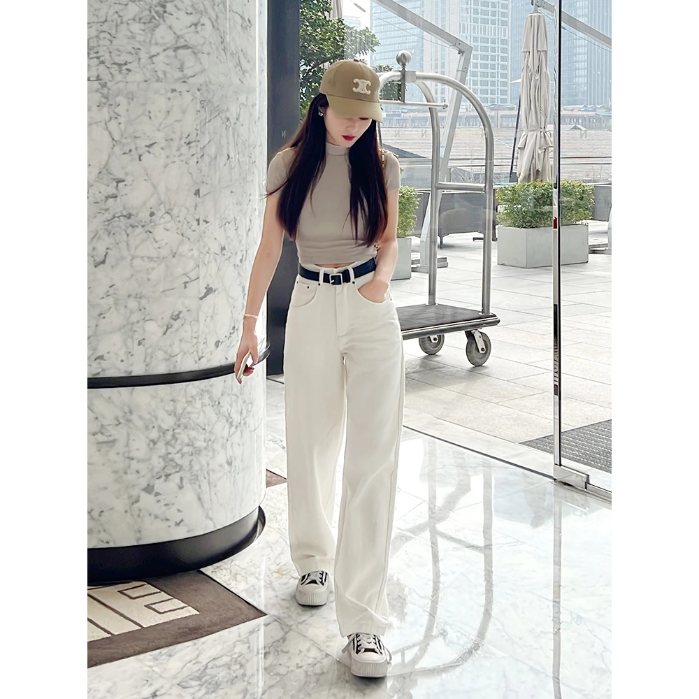 夏菱敲柔软高腰阔腿牛仔裤女2025早春新款白色宽松垂感直筒长裤