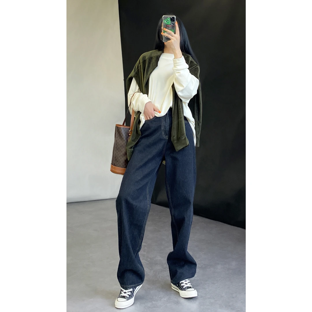 夏菱秋冬新款深蓝加绒宽松直筒长裤复古高腰显瘦原色牛仔裤女款