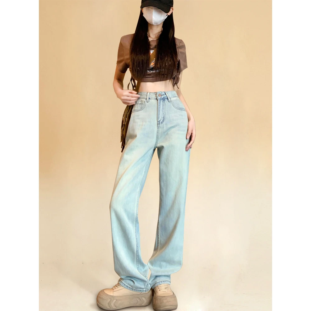 夏菱浅色阔腿牛仔裤女小个子高腰宽松垂感显瘦窄版直筒裤2025新款