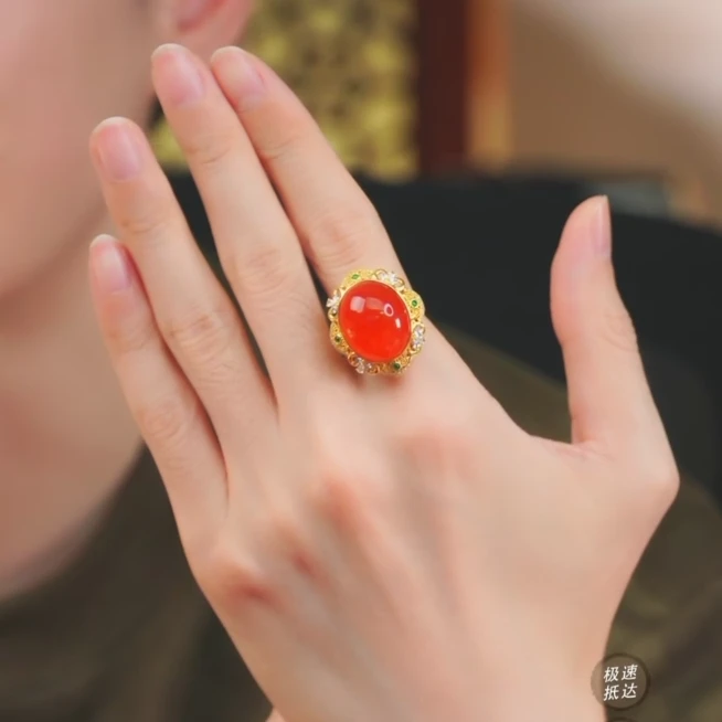 【嘉一珠宝】高阶冰红南红K金戒指吊坠两戴款七夕礼物 12*18.5mm