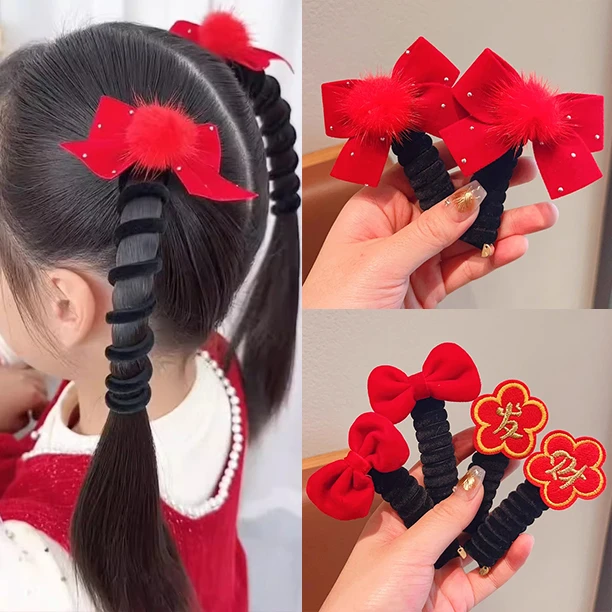 儿童电话线发圈宝宝新年头饰女童橡皮筋女童拜年发绳红色过年发饰