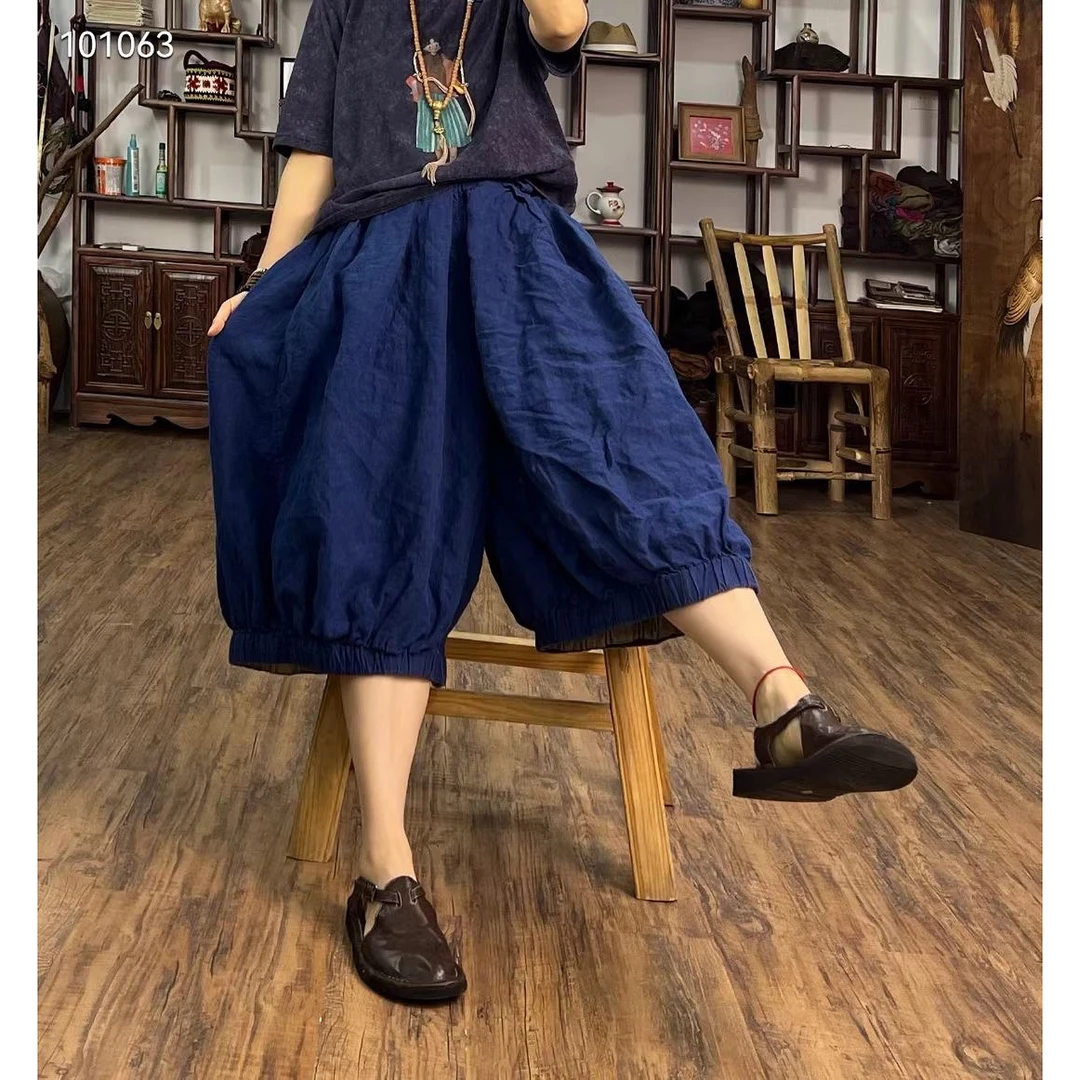 素喜色织亚麻灯笼中裤宽松大码显瘦文艺复古百搭夏季新款女裤