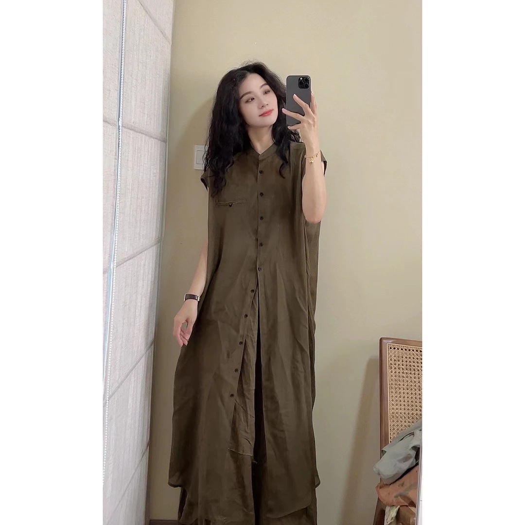 纯苎麻宽松连衣裙显瘦气质时尚夏季中长款法式长裙开衫显高裙子