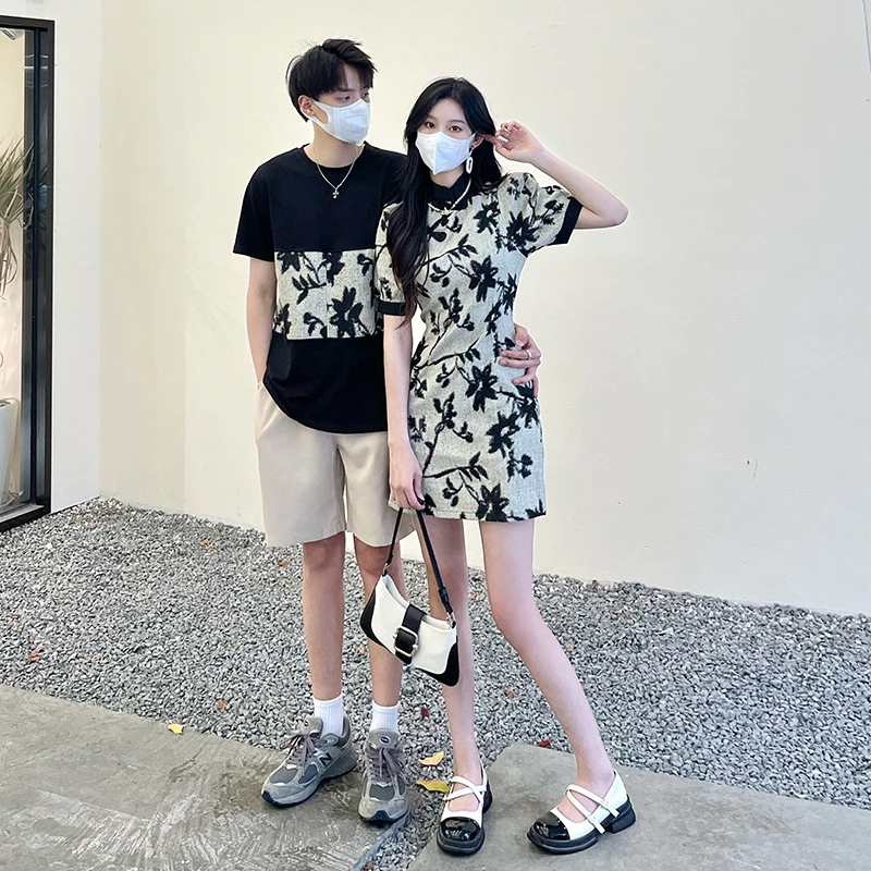 中国风情侣装夏季高级感短袖T恤新中式改良旗袍连衣裙女一裙一衣