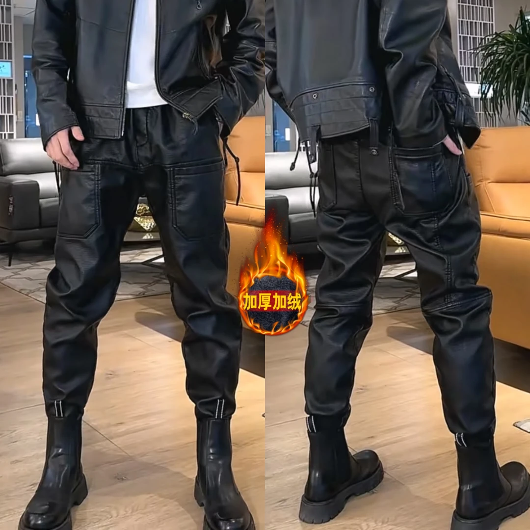 冬季新款男士皮裤加绒加厚防风防寒机车骑行保暖百搭裤束脚休闲裤