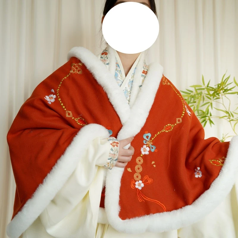 云深雾浅 晴雪 原创刺绣汉服斗篷式披肩加绒加厚保暖短披风配饰