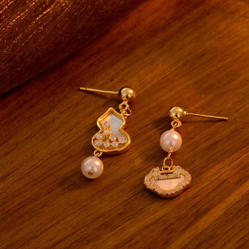 铜合金贝壳耳饰 中国风葫芦贝壳耳环小众设计高级感气质珍珠耳坠