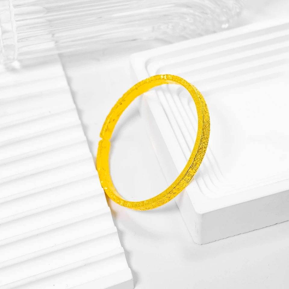 足银手镯 三面吉言窄开口手镯约29g轻奢金色不掉色精美包金工艺